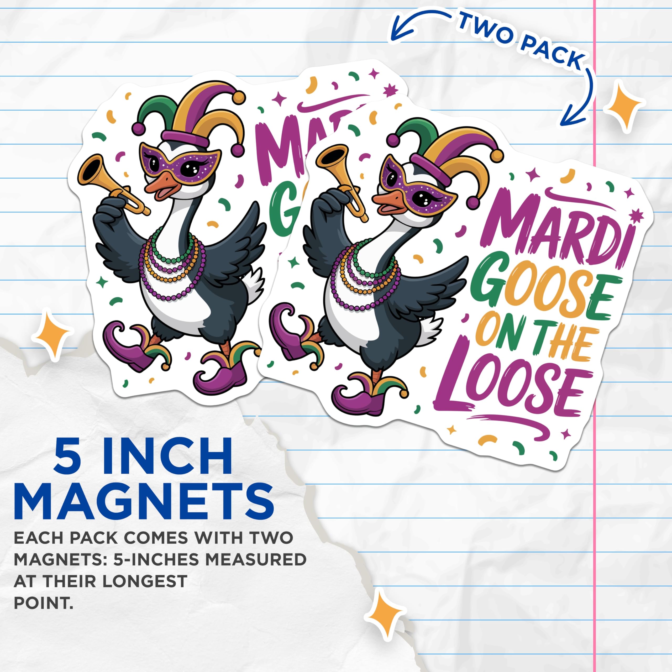 (2 Pack) Mardi Goose On The Loose Magnets - Festive Carnival Celebration Decor - New Orleans Parade Party Accessory - 5 Inches On Longest Side - Thick Durable Magnet - Made in USA - MAG22070