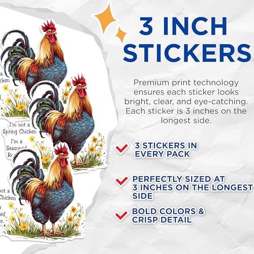 (3 Pack) Seasoned Rooster Decals - Funny Chicken - Farm Animal Laptop Decal - 3 Inches On Longest Side - Easy Peel & Apply - Made in USA - 3MCS1460