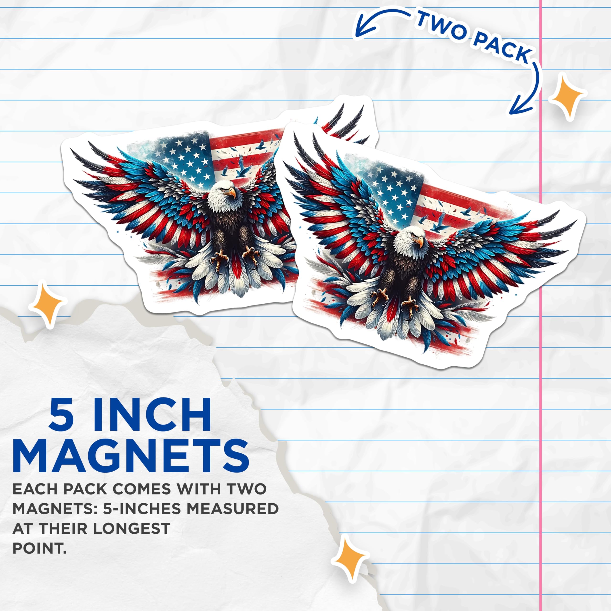 (2 Pack) Eagle American Flag Magnets - Patriotic Art - USA Fridge Decor - 5" On Longest Side - Premium Magnet - for Cars, Refrigerators, Toolboxes, Lockers - Made in USA - MAG14708