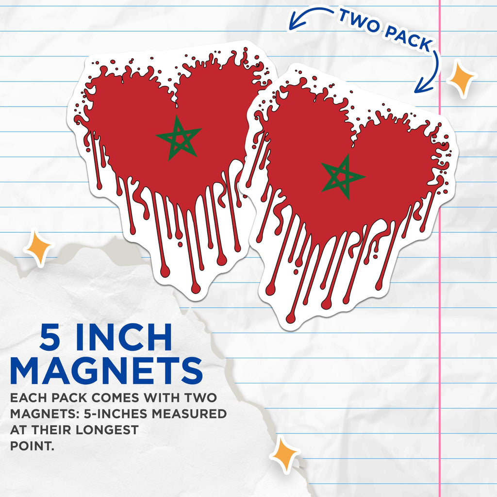 (2 Pack) Morocco Flag Magnets - Moroccan Pride Souvenir - Morocco Heart Drip Decor - 5" On Longest Side - Premium Magnet - for Cars, Refrigerators, Toolboxes, Lockers - Made in USA - MAG17758