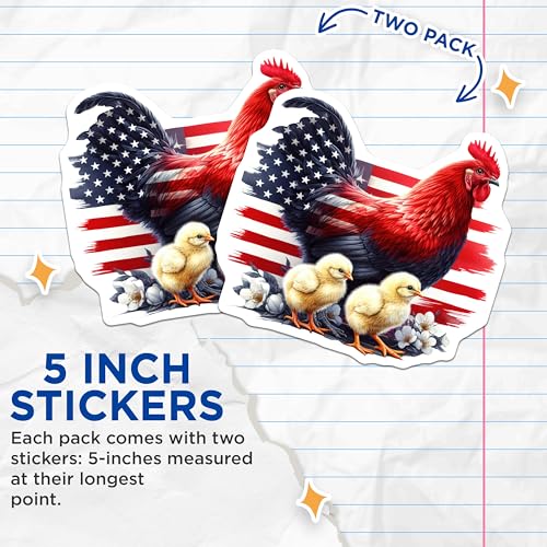 (2 Pack) Patriotic Rooster Chickens Stickers - American Flag - Farm Animal Decals - 5" On Longest Side - Sticks to Smooth Flat Surfaces - Made in USA - BMCS6428