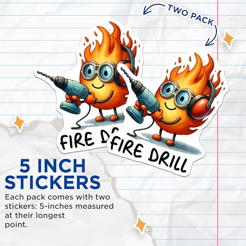 (2 Pack) Fire Drill Stickers - Funny Cartoon - Hilarious Flame Character - 5" On Longest Side - Sticks to Smooth Flat Surfaces - Made in USA - BMCS7596