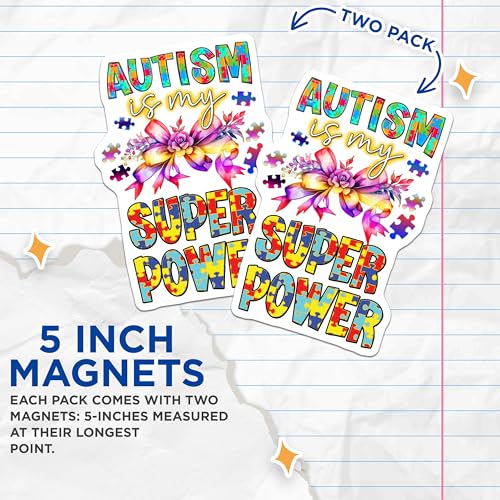 (2 Pack) Autism Awareness Magnets - Super Power Quote - Colorful Puzzle Piece Design - 5" On Longest Side - for Cars, Fridges, Toolboxes - Made in USA - MAG6649