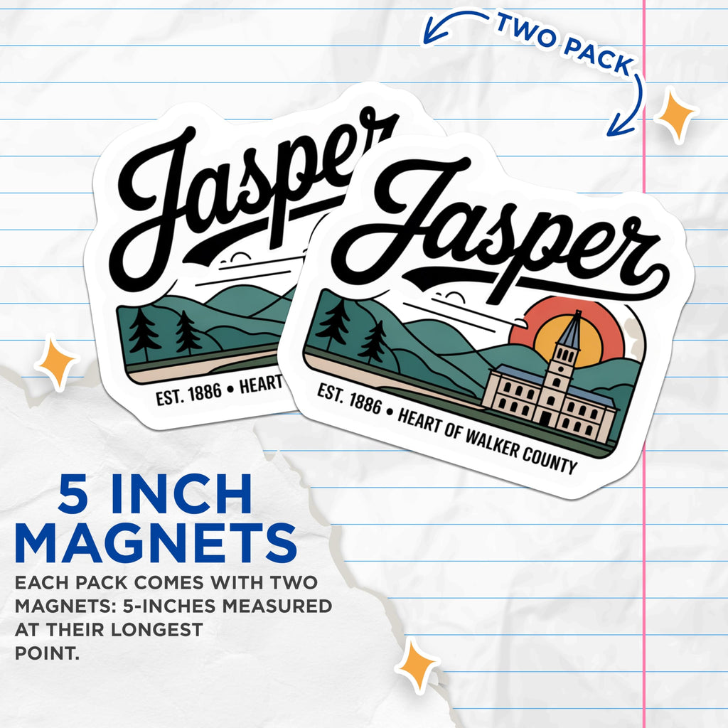 (2 Pack) Jasper Alabama Magnets - Town Landmark - Walker County Souvenir - 5" On Longest Side - Premium Magnet - for Cars, Refrigerators, Toolboxes, Lockers - Made in USA - MAG17455