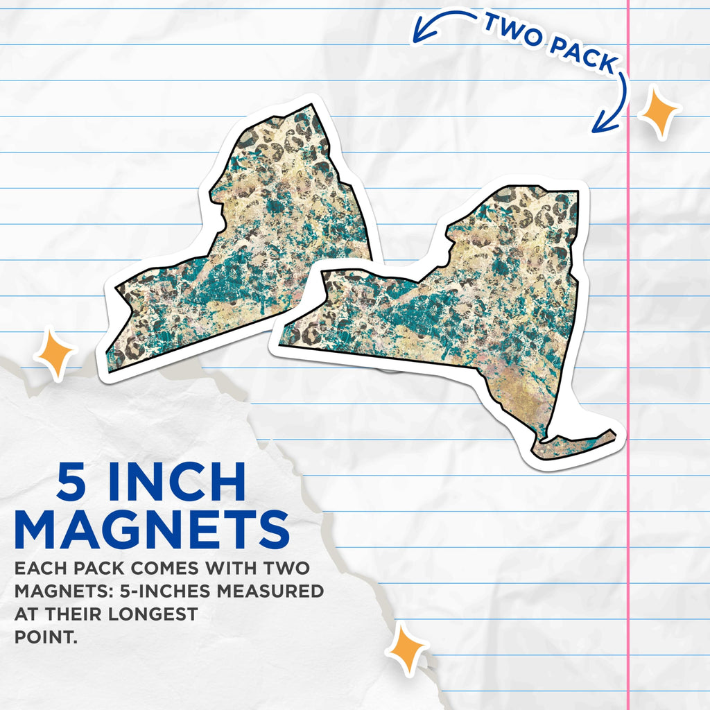 (2 Pack) New York State Magnets - Turquoise Leopard Print - Home Fridge Decor - 5" On Longest Side - Premium Magnet - for Cars, Refrigerators, Toolboxes, Lockers - Made in USA - MAG17550