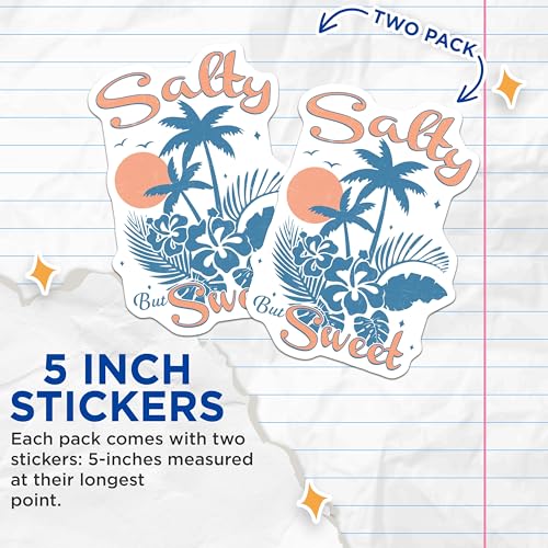 (2 Pack) Salty But Sweet Stickers - Beach Themed - Tropical Vinyl Decals - 5" On Longest Side - Sticks to Smooth Flat Surfaces - Made in USA - BMCS7075