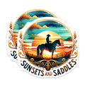 (2 Pack) Sunsets and Saddles Stickers - Cowboy Riding Horse - Western Art - Sunset Illustration - 5" On Longest Side - Sticks to Smooth Flat Surfaces - Made in USA - BMCS6718