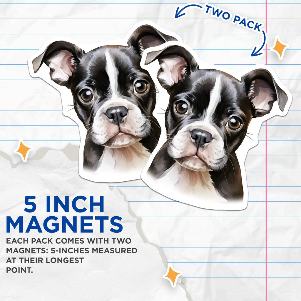 (2 Pack) Cute Boston Terrier Puppy Magnets - Dog Lover Fridge Decor - Pet Parent Animal Art Gift Set for Home - 5 Inches On Longest Side - Thick Durable Magnet - Made in USA - MAG25018