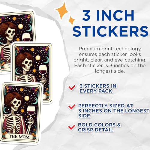 (3 Pack) Mom Tarot Card Decals - Funny Skeleton Stickers - Wine Lover Stickers - 3 Inches On Longest Side - Easy Peel & Apply - Made in USA - 3MCS4223