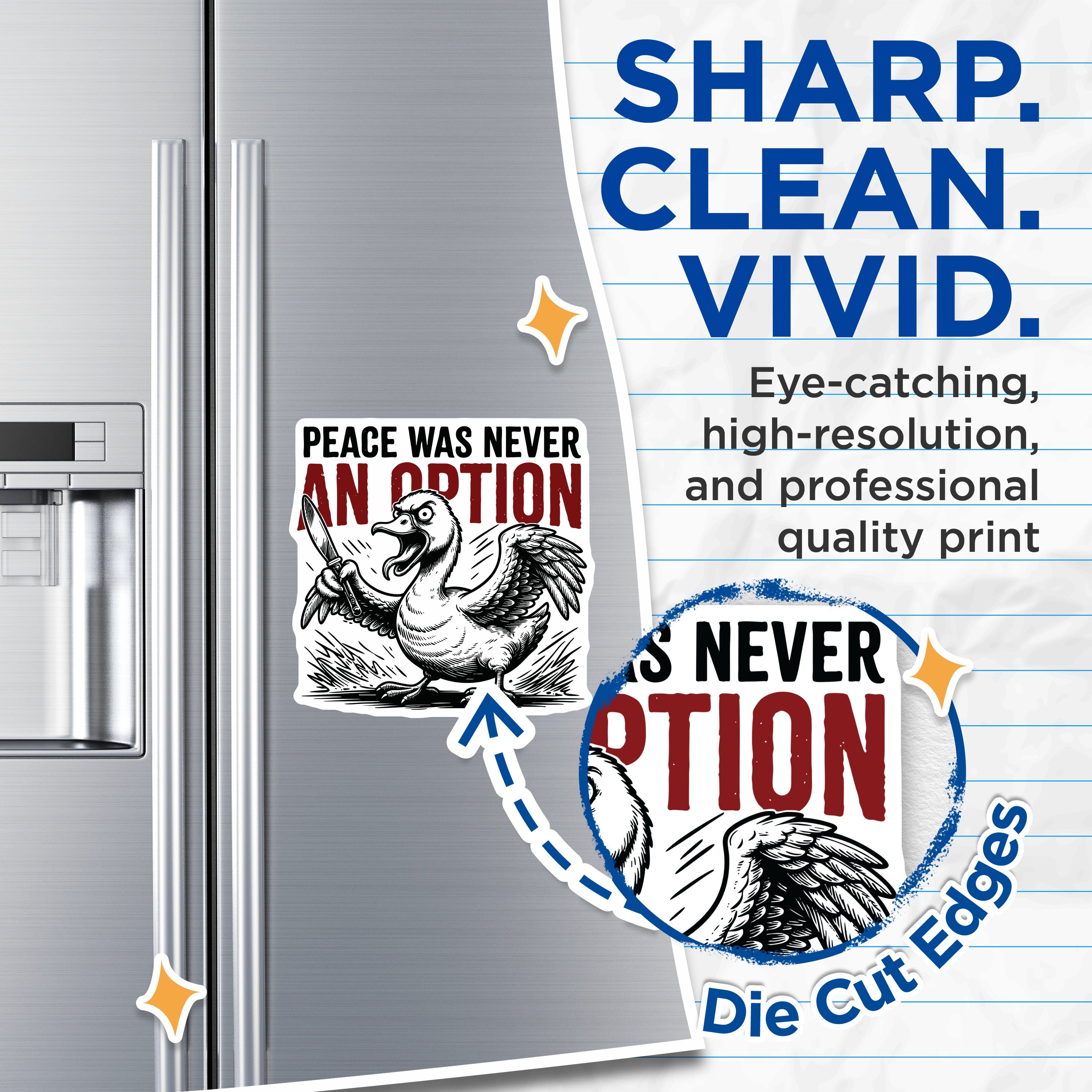 (2 Pack) Peace was Never an Option Angry Goose Magnets - Funny Knife Duck Meme - Sarcastic Refrigerator Decor - 5 Inches On Longest Side - Thick Durable Magnet - Made in USA - MAG37017