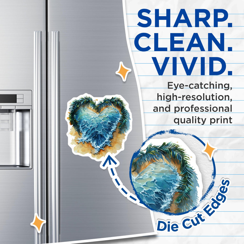(2 Pack) Watercolor Ocean Heart Wave Magnets - Tropical Palm Beach Coastal Decor - Summer Vacation Aesthetic Fridge Magnets - 5 Inches On Longest Side - Thick Durable Magnet - Made in USA - MAG20153