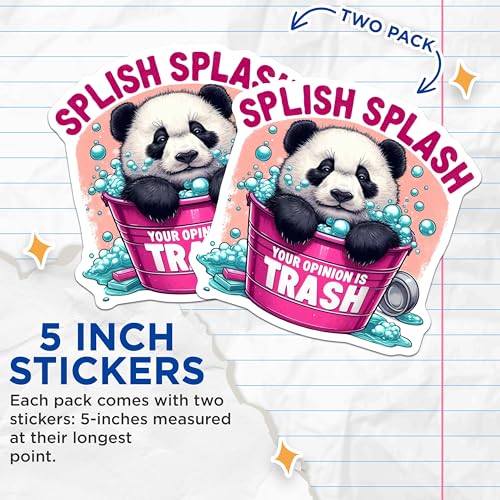 (2 Pack) Splish Splash Panda Stickers - Funny Quote Stickers - Cute Animal Stickers - 5" On Longest Side - Sticks to Smooth Flat Surfaces - Made in USA - BMCS4579