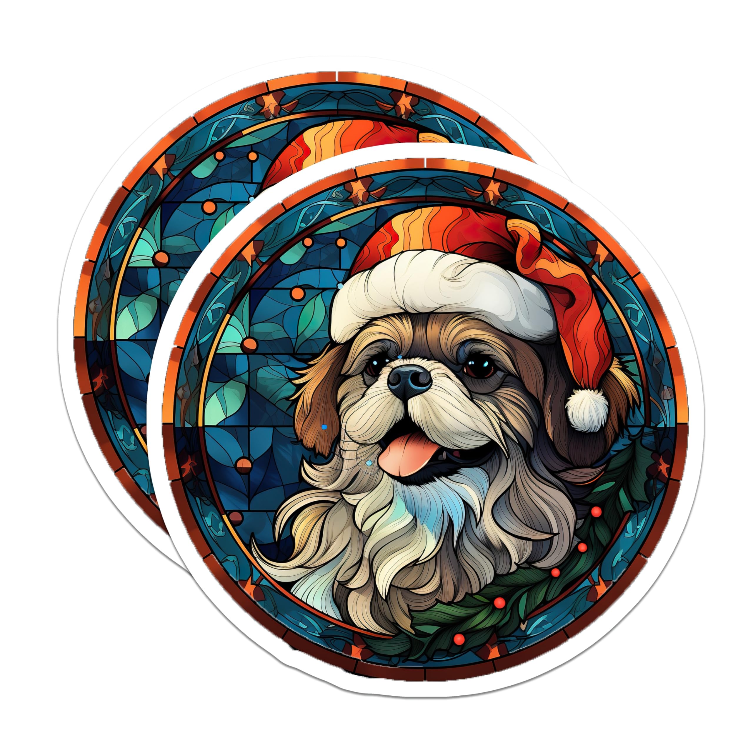 (2 Pack) Christmas Dog Magnets - Stained Glass Shih Tzu - Festive Pet Decor - 5 Inches On Longest Side - Thick Durable Magnet - Made in USA - MAG25366