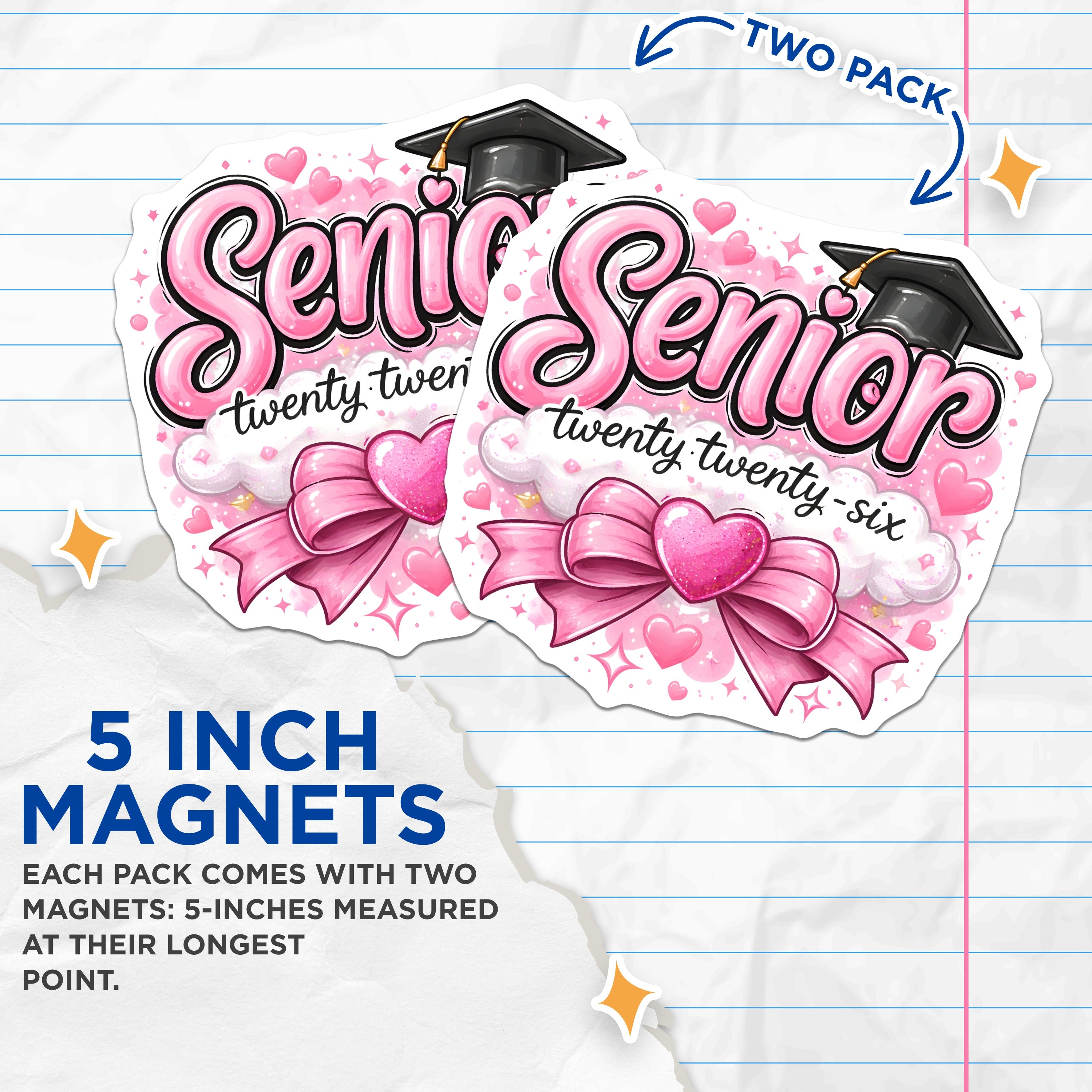 (2 Pack) Senior 2026 Magnets - Graduation Class of 2026 - High School College Graduate Decor - 5 Inches On Longest Side - Thick Durable Magnet - Made in USA - MAG37590