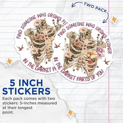 (2 Pack) Unique Skeleton Flower Stickers - Floral Skeleton Decals - 5" On Longest Side - Sticks to Smooth Flat Surfaces - Made in USA - BMCS9036 - BMCS9036