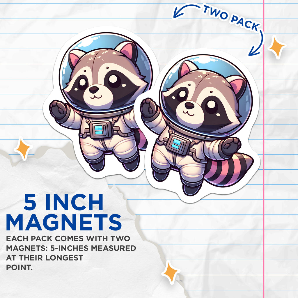 (2 Pack) Raccoon Astronaut Magnets - Cute Animal Fridge Decor - Space Lover Science Gift - Kawaii Locker Accessory - Whimsical Art Piece - 5" - Durable Magnet - Made in USA - MAG37854