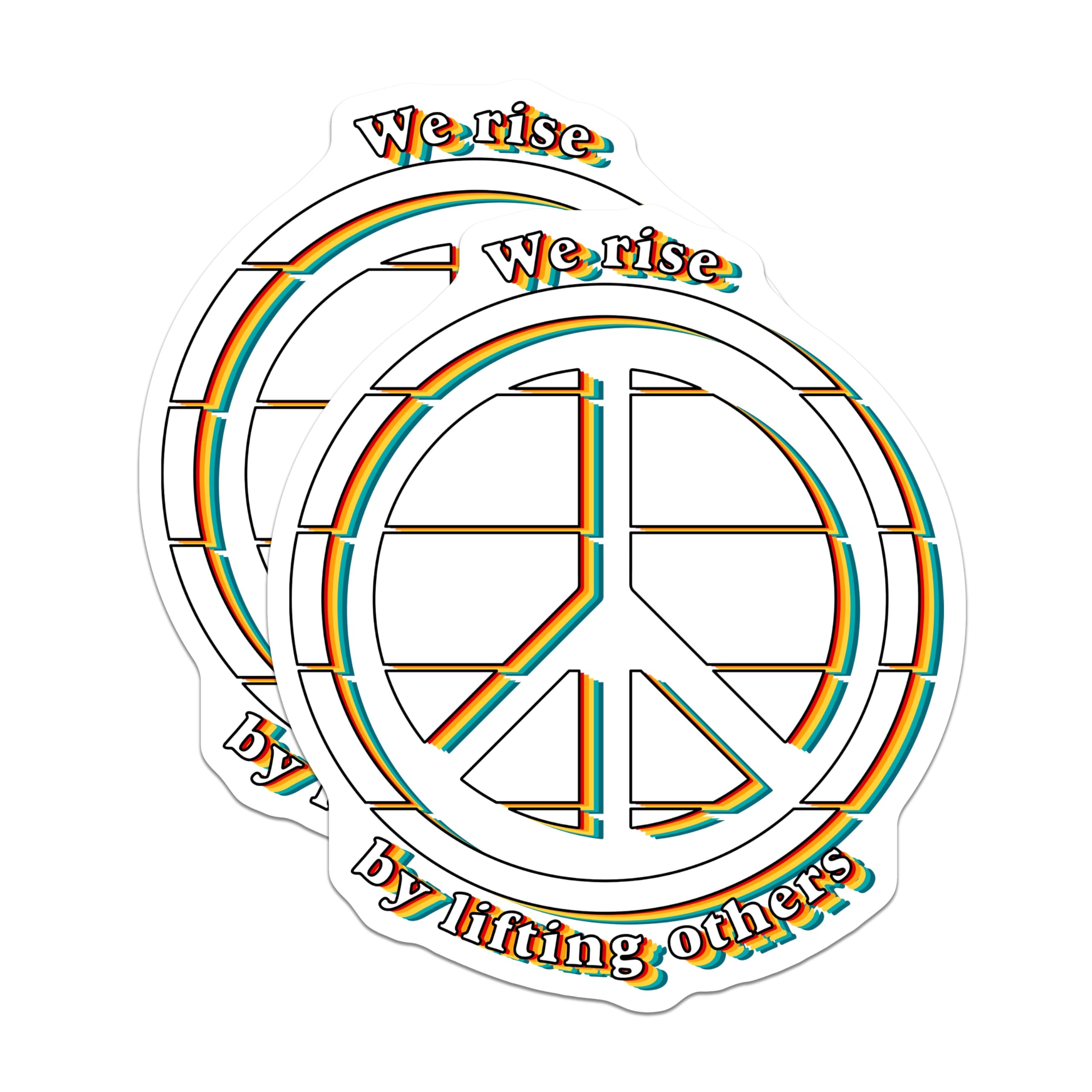 (2 Pack) Peace Sign Magnets - We Rise By Lifting Others Quote - Rainbow Retro Decor - Positive Message Statement - 5 Inches On Longest Side - Thick Durable Magnet - Made in USA - MAG20171