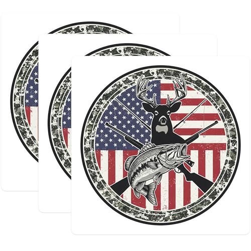 (3 Pack) Hunting Fishing Decals - American Flag Decal - Buck Bass Fishing Decal - 3 Inches On Longest Side - Easy Peel & Apply - Made in USA - 3MCS8717
