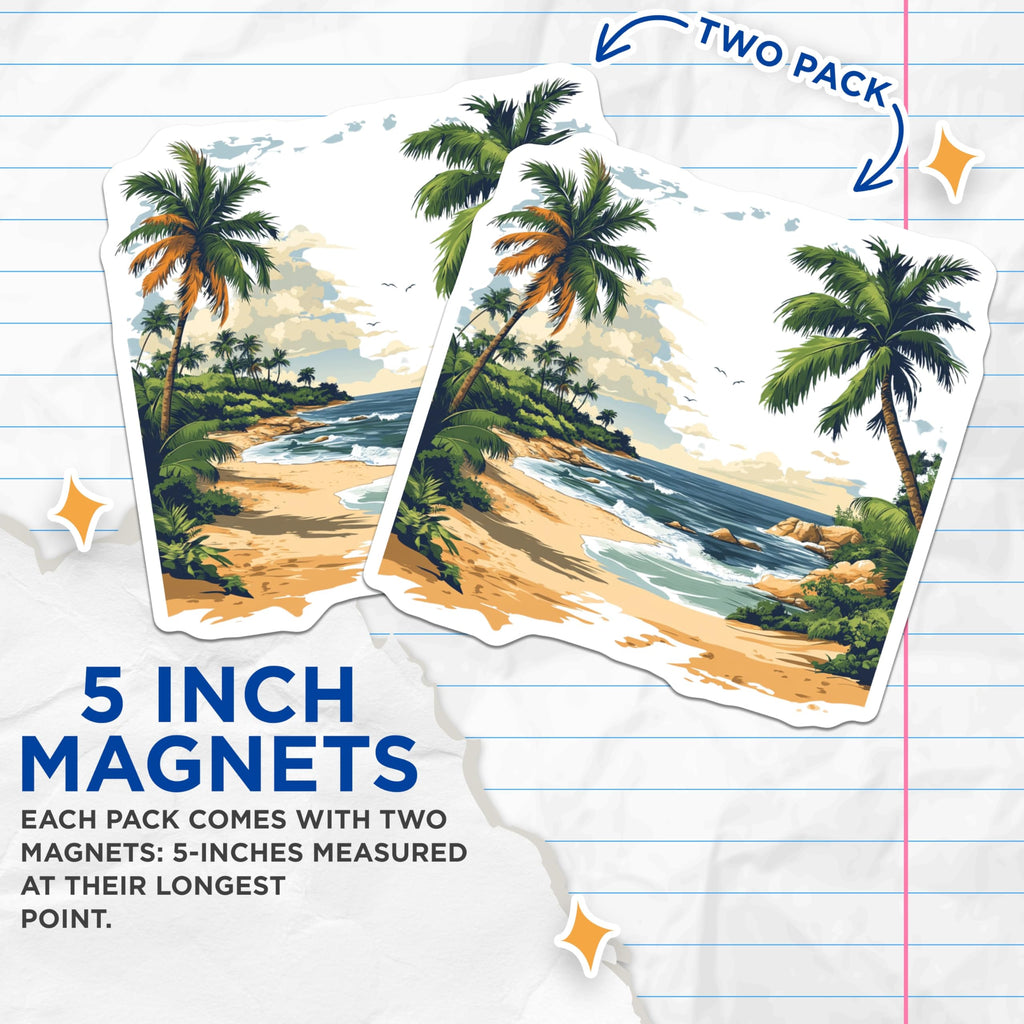 (2 Pack) Tropical Beach Magnets - Palm Tree Ocean Wave Decor - Summer Vacation Souvenirs - 5 Inches On Longest Side - Thick Durable Magnet - Made in USA - MAG25320