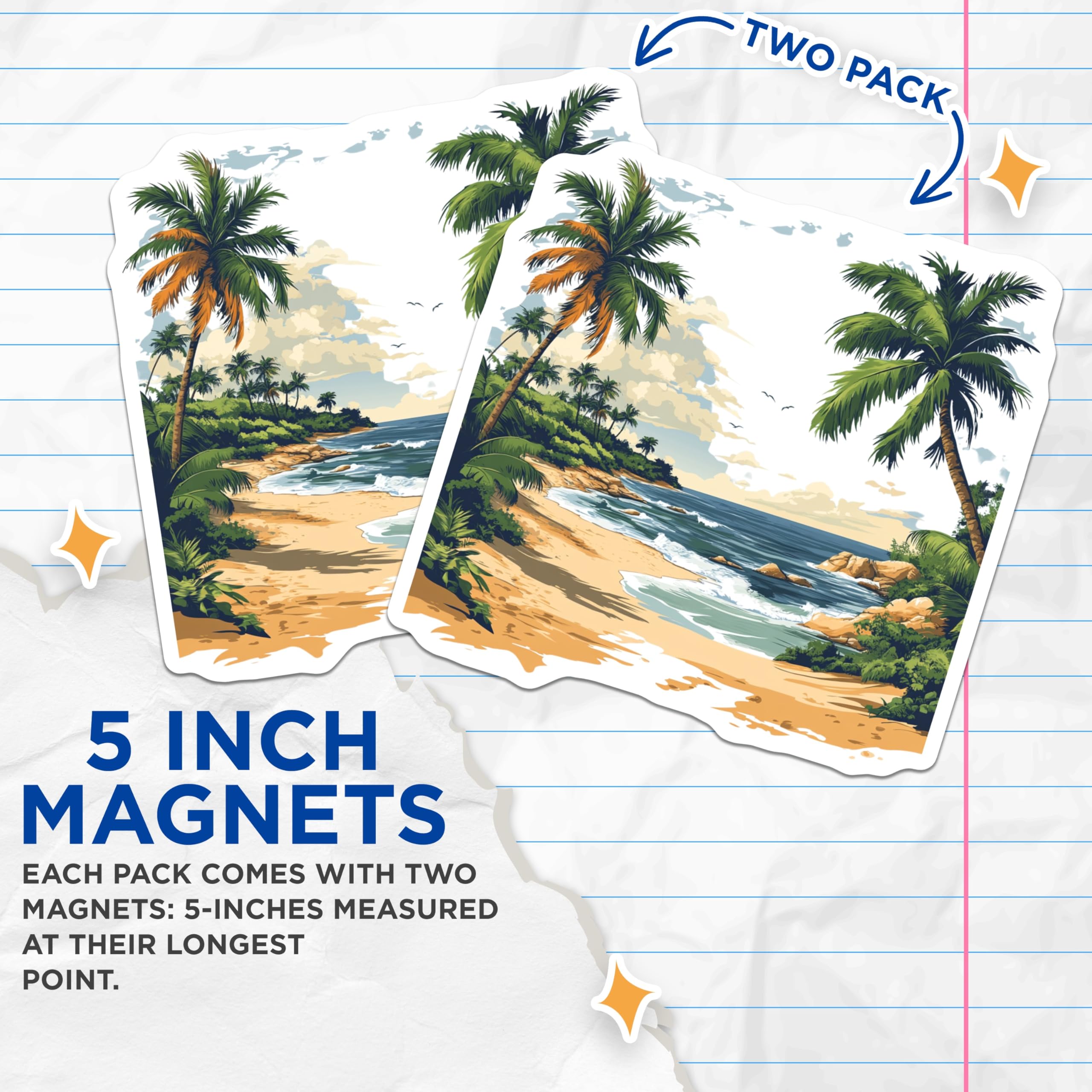 (2 Pack) Tropical Beach Magnets - Palm Tree Ocean Wave Decor - Summer Vacation Souvenirs - 5 Inches On Longest Side - Thick Durable Magnet - Made in USA - MAG25320