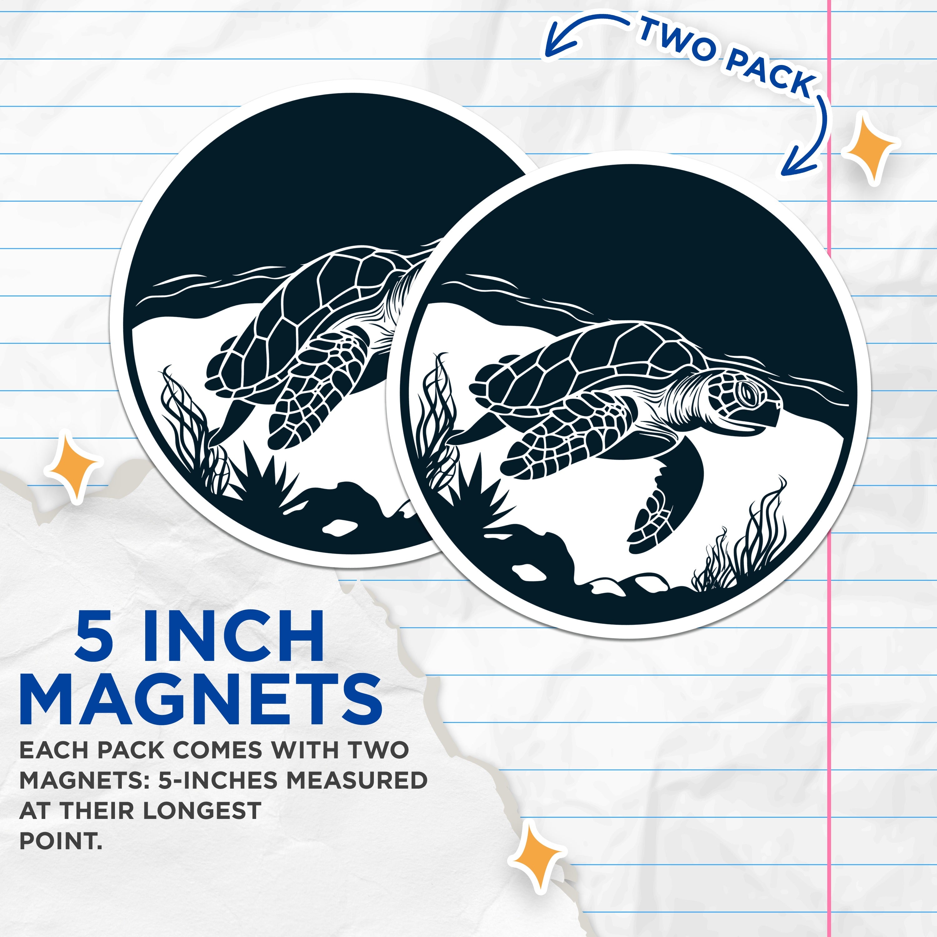 (2 Pack) Sea Turtle Magnets - Ocean Animal Decor - Coastal Fridge Locker Art - Marine Life Accent - 5 Inches On Longest Side - Thick Durable Magnet - Made in USA - MAG39929
