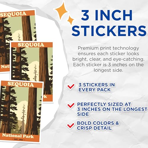 (3 Pack) Sequoia National Park Decals - Vintage National Park - Laptop Decal - 3 Inches On Longest Side - Easy Peel & Apply - Made in USA - 3MCS1389