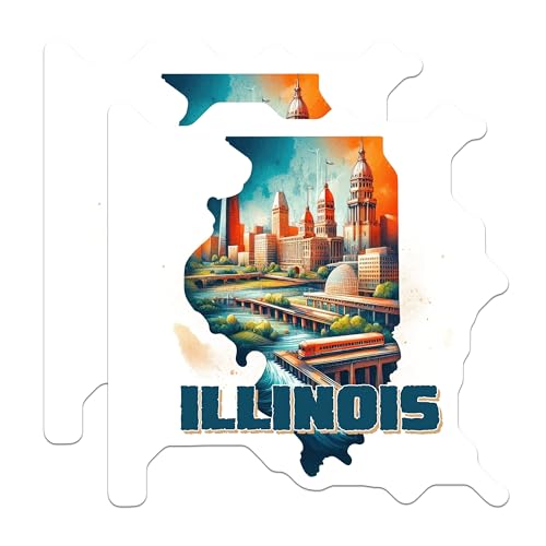 (2 Pack) Illinois Travel Stickers - State Souvenir Stickers - Cityscape Stickers - 5" On Longest Side - Sticks to Smooth Flat Surfaces - Made in USA - BMCS5100