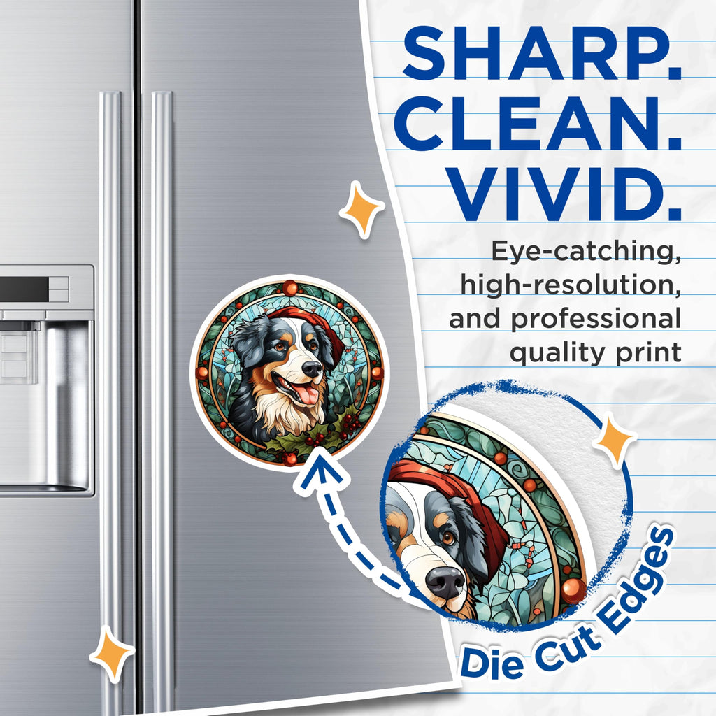 (2 Pack) Bernese Mountain Dog Magnets - Christmas Dog Decor - Stained Glass Pet Art - 5 Inches On Longest Side - Thick Durable Magnet - Made in USA - MAG27721