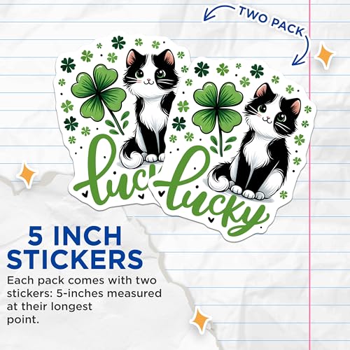 (2 Pack) Lucky Cat Stickers - Clover Cat - St. Patrick's Day for Laptops Water Bottles - 5" On Longest Side - Sticks to Smooth Flat Surfaces - Made in USA - BMCS8097