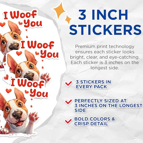 (3 Pack) I Woof You Decals - Dog Lover Decor - Laptop Decal - 3 Inches On Longest Side - Easy Peel & Apply - Made in USA - 3MCS1404
