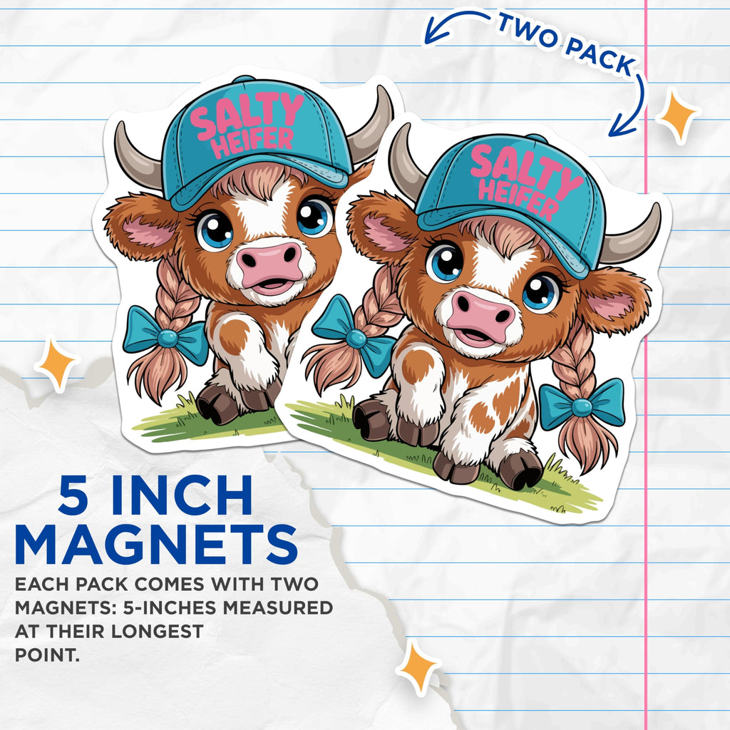 (2 Pack) Salty Heifer Magnets - Cute Cartoon Cow Art - Funny Farm Animal Kitchen Decor - Humorous Refrigerator Locker Accent - 5 Inches On Longest Side - Thick Durable Magnet - Made in USA - MAG21669