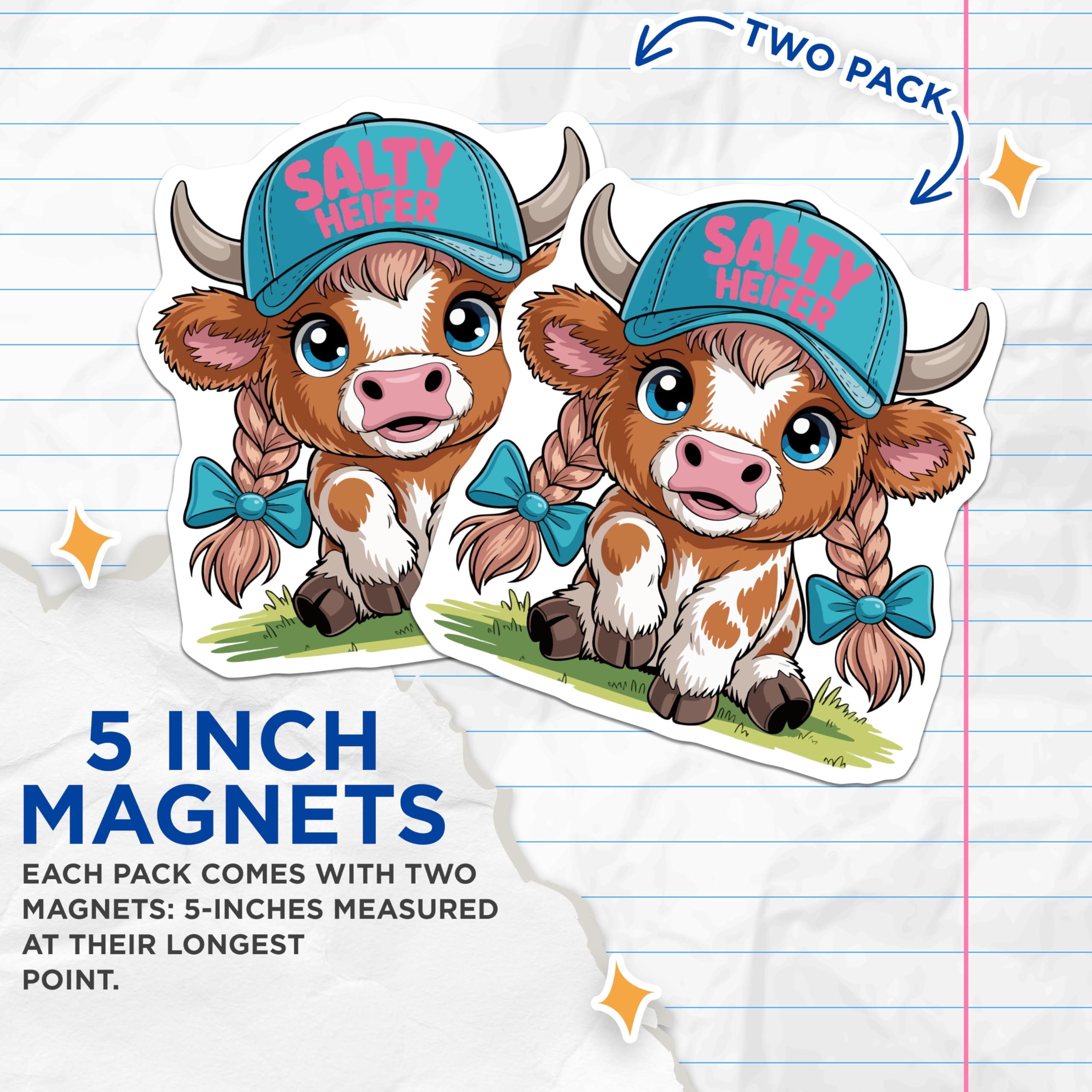 (2 Pack) Salty Heifer Magnets - Cute Cartoon Cow Art - Funny Farm Animal Kitchen Decor - Humorous Refrigerator Locker Accent - 5 Inches On Longest Side - Thick Durable Magnet - Made in USA - MAG21669