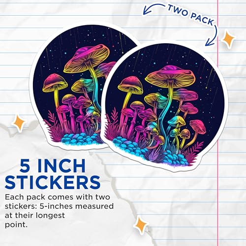 (2 Pack) Psychedelic Mushroom Stickers - Colorful Fungus Art - Trippy Sticker Designs - 5" On Longest Side - Sticks to Smooth Flat Surfaces - Made in USA - BMCS6617