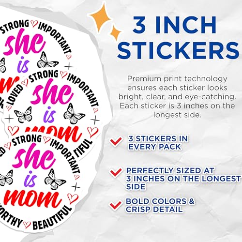 (3 Pack) Mom Decals - She is Mom - Butterfly Decal - 3 Inches On Longest Side - Easy Peel & Apply - Made in USA - 3MCS4071