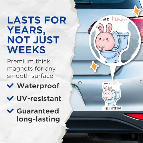 (2 Pack) Funny Bunny Bathroom Magnets - Humorous IBS Joke Magnets - Cute Toilet Pun Magnets - 5" On Longest Side - for Cars, Refrigerators, Toolboxes, Lockers - Made in USA BMCS3302