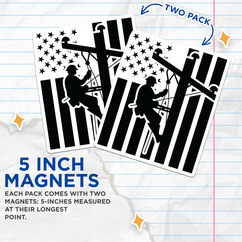 (2 Pack) Power Lineman Electrician Magnets - USA American Flag Stars Stripes - Essential Worker Patriotic Decor - 5 Inches On Longest Side - Thick Durable Magnet - Made in USA - MAG22613