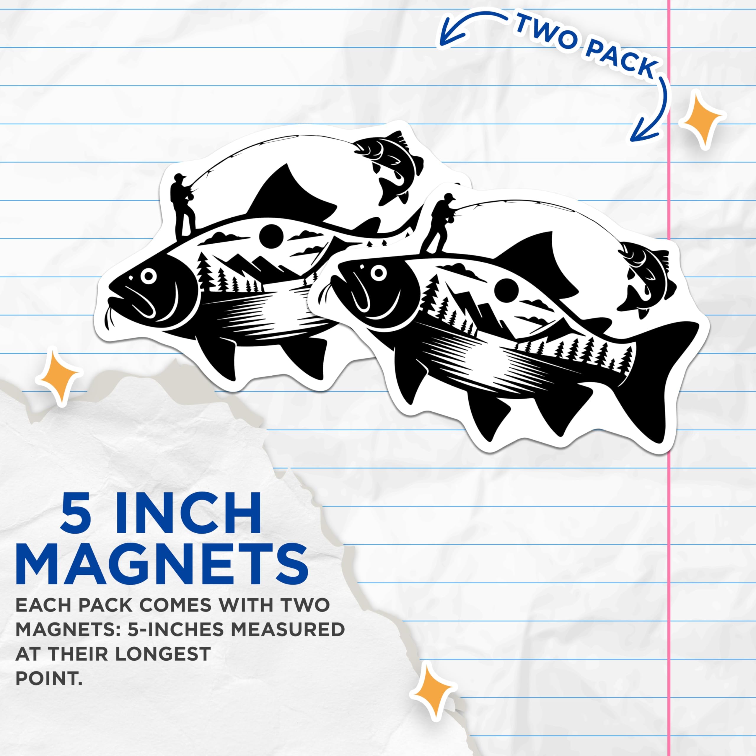 (2 Pack) Fishing Magnets - Bass Angler Art - Lake Fisherman Decor - 5" On Longest Side - Premium Magnet - for Cars, Refrigerators, Toolboxes, Lockers - Made in USA - MAG16684
