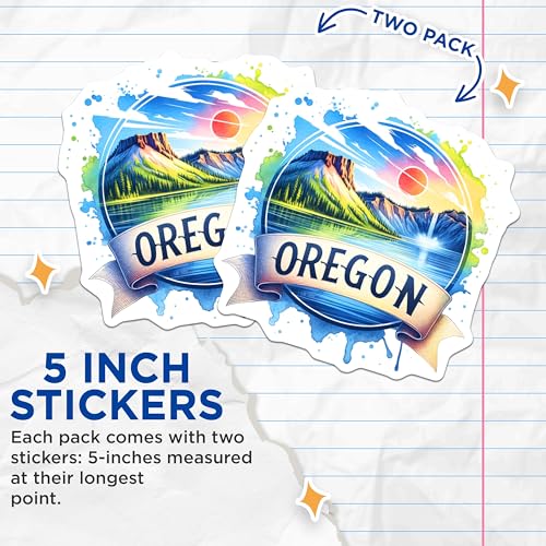 (2 Pack) Oregon Nature Scenic Stickers - Watercolor Landscape - Travel Adventure Vinyl Decals - 5" On Longest Side - Sticks to Smooth Flat Surfaces - Made in USA - BMCS6660