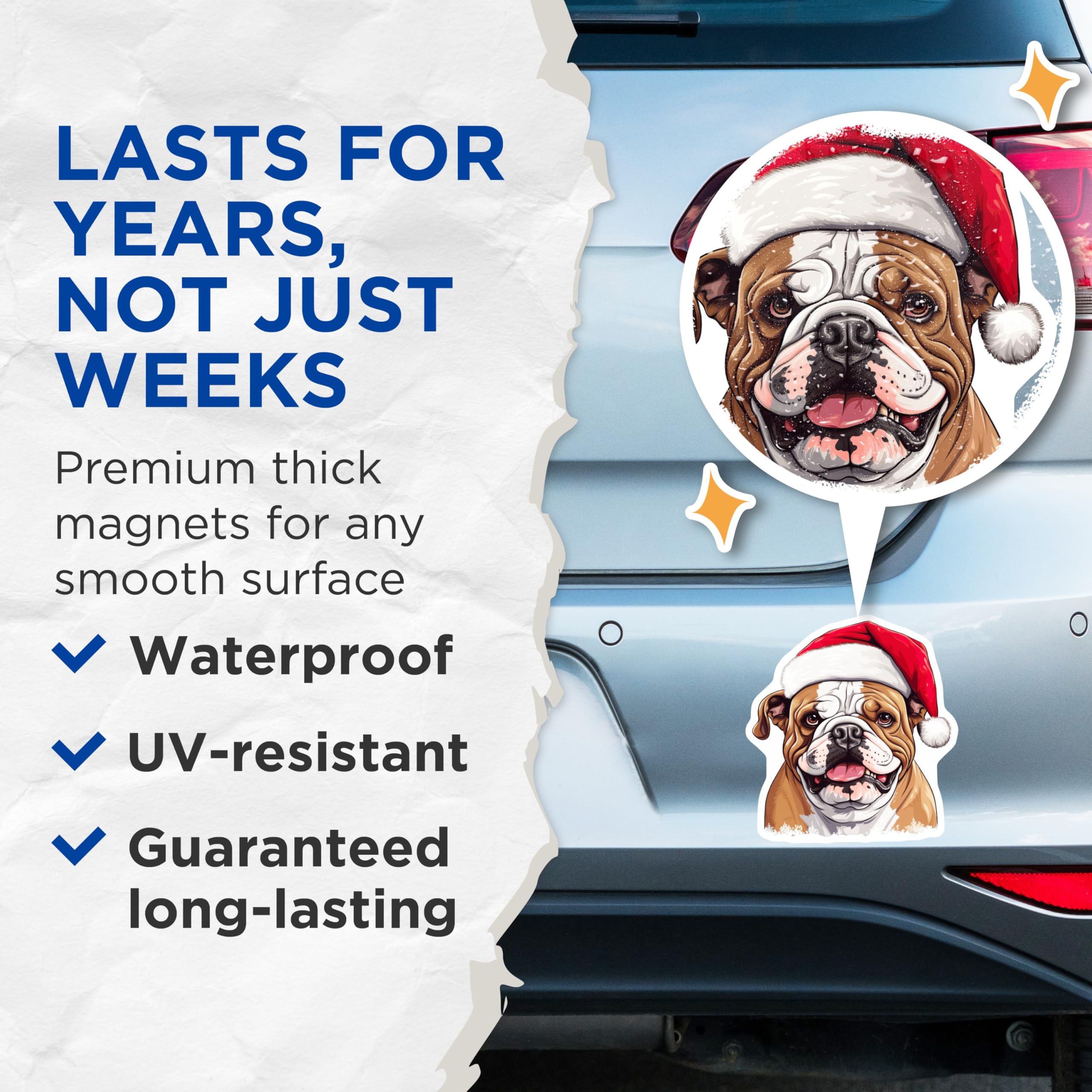 (2 Pack) Christmas Bulldog Refrigerator Magnets - Santa Hat Dog Decor - Holiday Pet Animal Lover - 5 Inches On Longest Side - Thick Durable Magnet - Made in USA - MAG26450