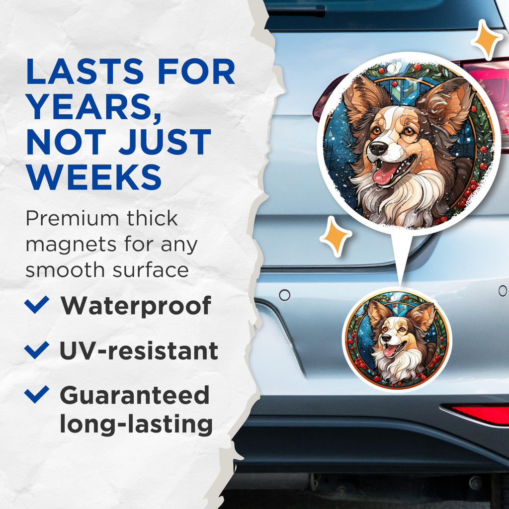 (2 Pack) Happy Dog Magnets - Stained Glass Winter Art - Pet Lover Refrigerator Decor - 5 Inches On Longest Side - Thick Durable Magnet - Made in USA - MAG25709