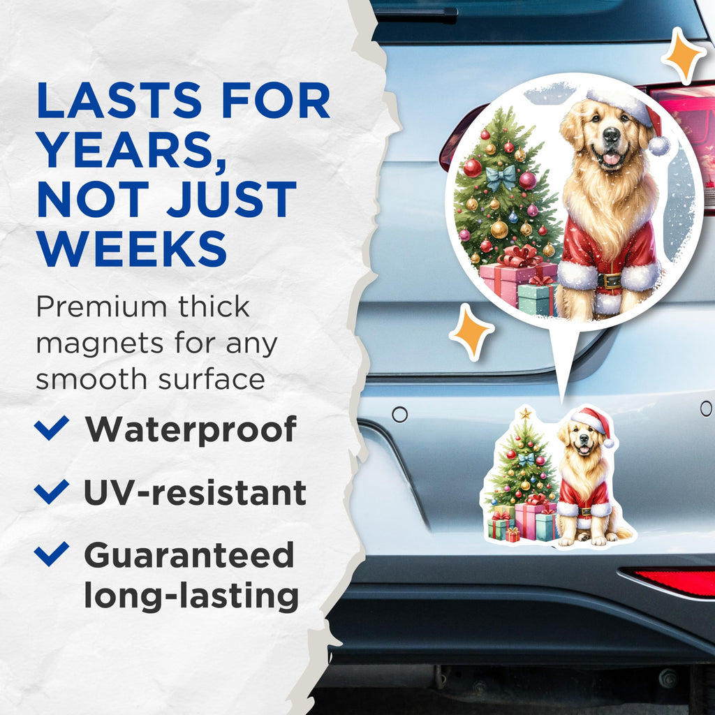 (2 Pack) Santa Golden Retriever Magnets - Cheerful Christmas Dog Decor - Festive Holiday Refrigerator Art for Home - 5 Inches On Longest Side - Thick Durable Magnet - Made in USA - MAG23918