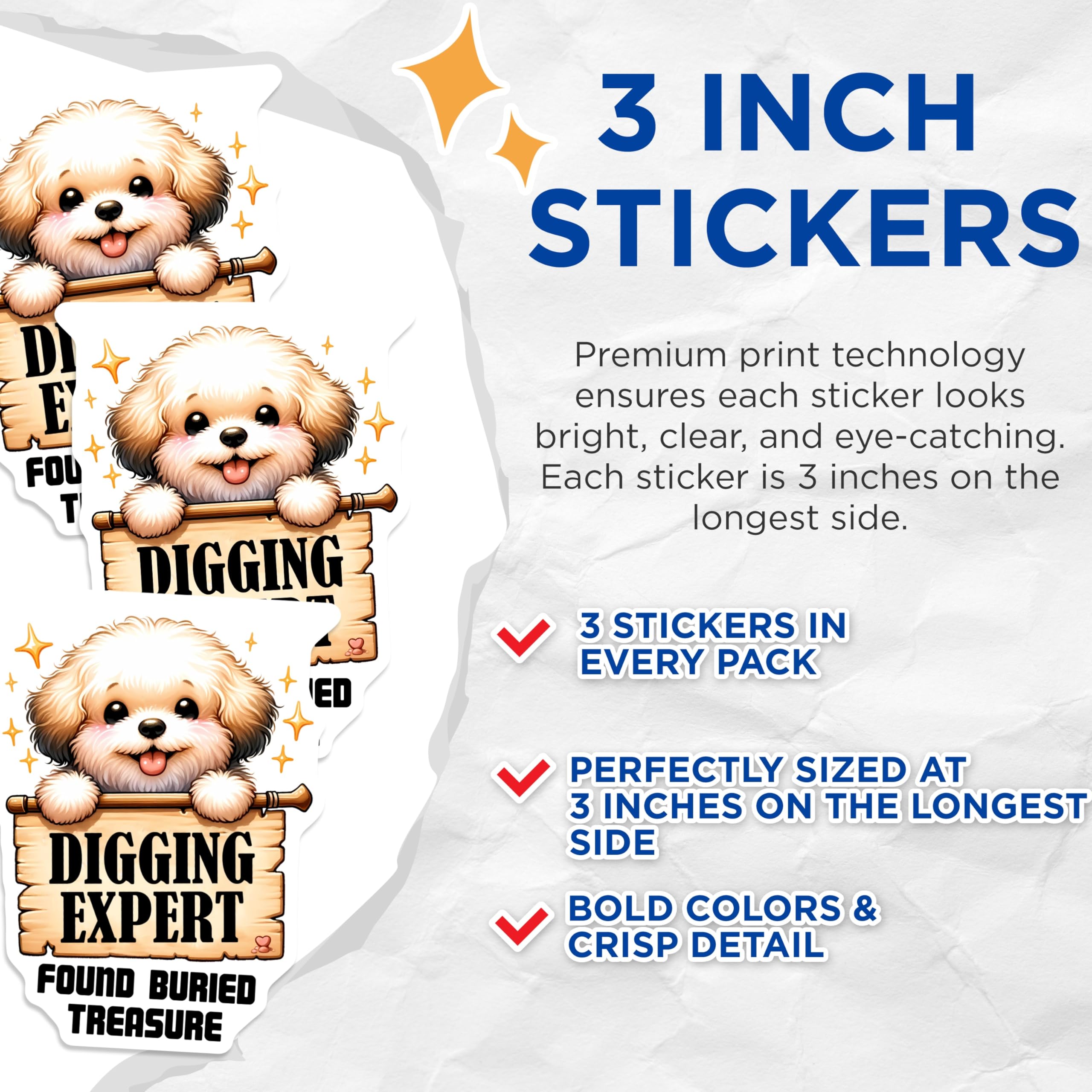 (3 Pack) Dog Digging Decals - Cute Puppy Stickers - Treasure Hunter - 3 Inches On Longest Side - Easy Peel & Apply - Made in USA - 3MCS2512