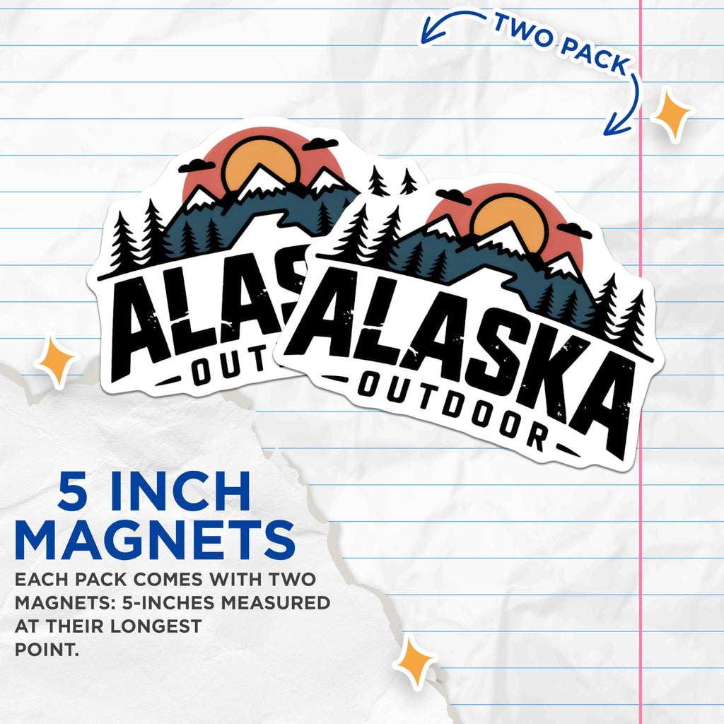 (2 Pack) Alaska Outdoor Magnets - Mountain Sunset Decor - Fridge Art - 5" On Longest Side - Premium Magnet - for Cars, Refrigerators, Toolboxes, Lockers - Made in USA - MAG18699