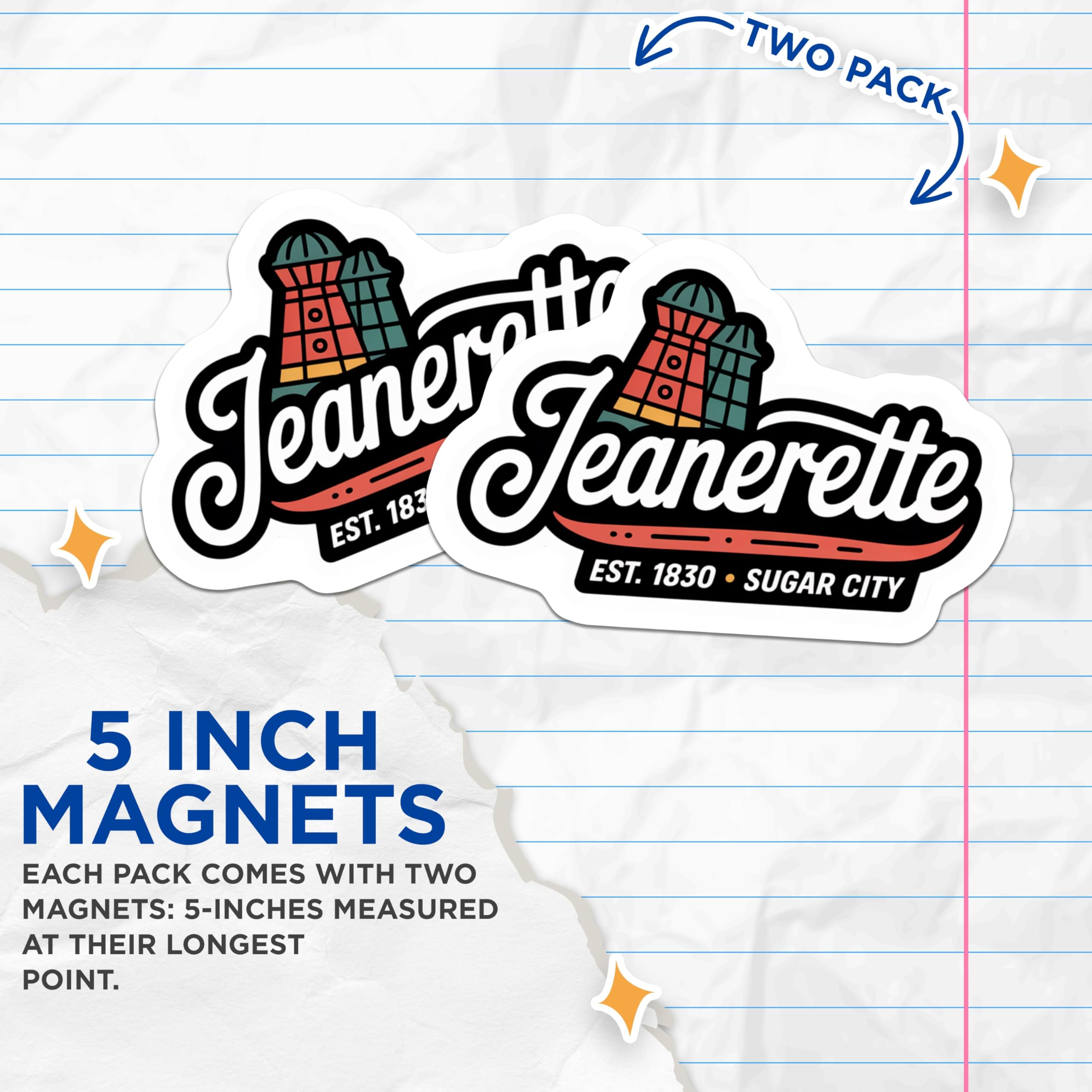 (2 Pack) Jeanerette Louisiana Magnets - Sugar City Decor - Fridge Magnets Souvenir - 5" On Longest Side - Premium Magnet - for Cars, Refrigerators, Toolboxes, Lockers - Made in USA - MAG18606