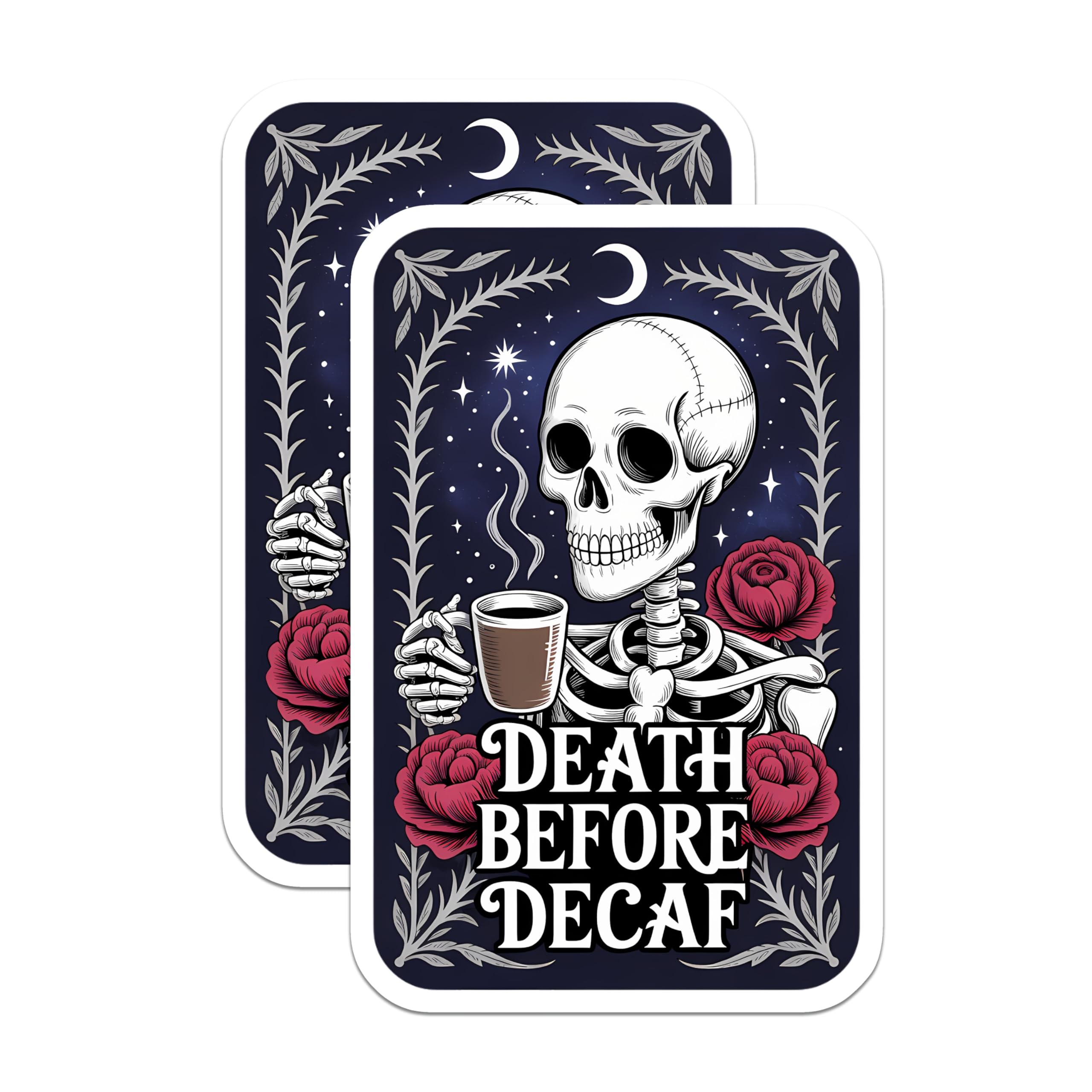 (2 Pack) Skeleton Coffee Magnets - Death Before Decaf Art - Gothic Kitchen Decor - Caffeine Lover Skull Fridge Magnet - 5 Inches On Longest Side - Thick Durable Magnet - Made in USA - MAG22126