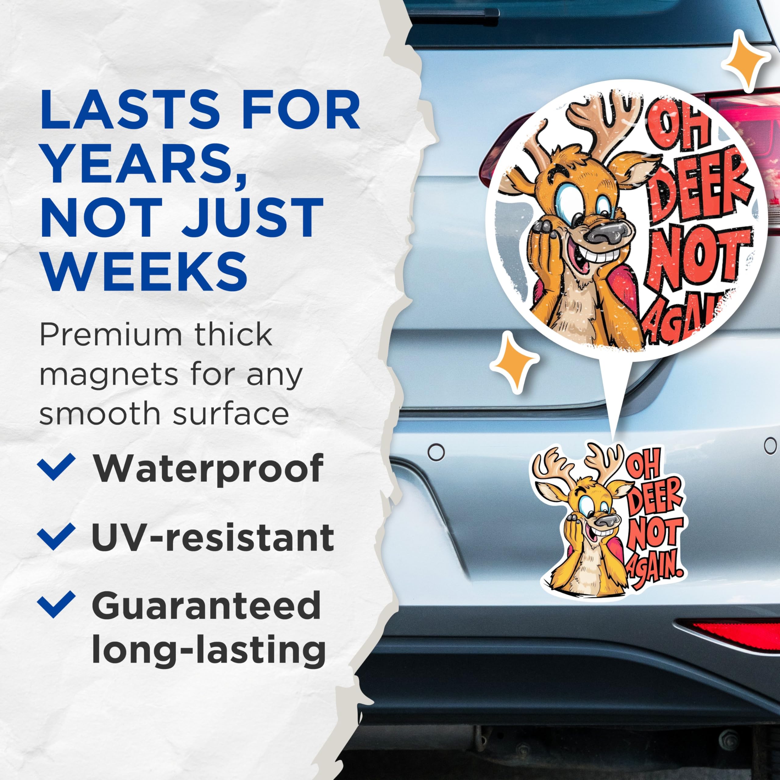(2 Pack) Oh Deer Not Again Magnets - Funny Punny Deer Animal Puns - Funny Sarcasm - 5 Inches On Longest Side - Premium Magnet - for Cars, Refrigerators, Toolboxes - Made in USA - MAG2045