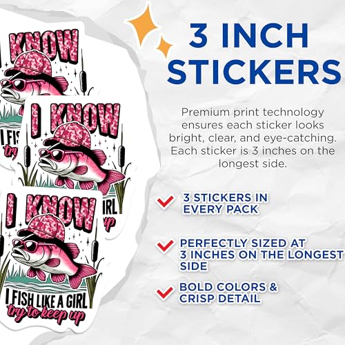 (3 Pack) Fishing Girl Decals - Bass Fish Sticker - Girl Power Decals - 3 Inches On Longest Side - Easy Peel & Apply - Made in USA - 3MCS1099