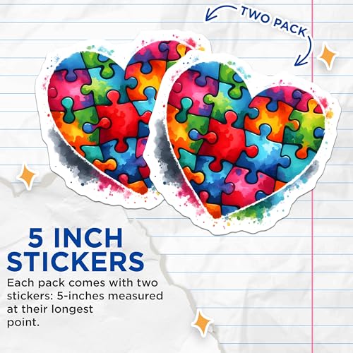 (2 Pack) Heart Puzzle Pieces Stickers - Colorful Heart Shape - Autism Awareness Design - 5" On Longest Side - Sticks to Smooth Flat Surfaces - Made in USA - BMCS8120