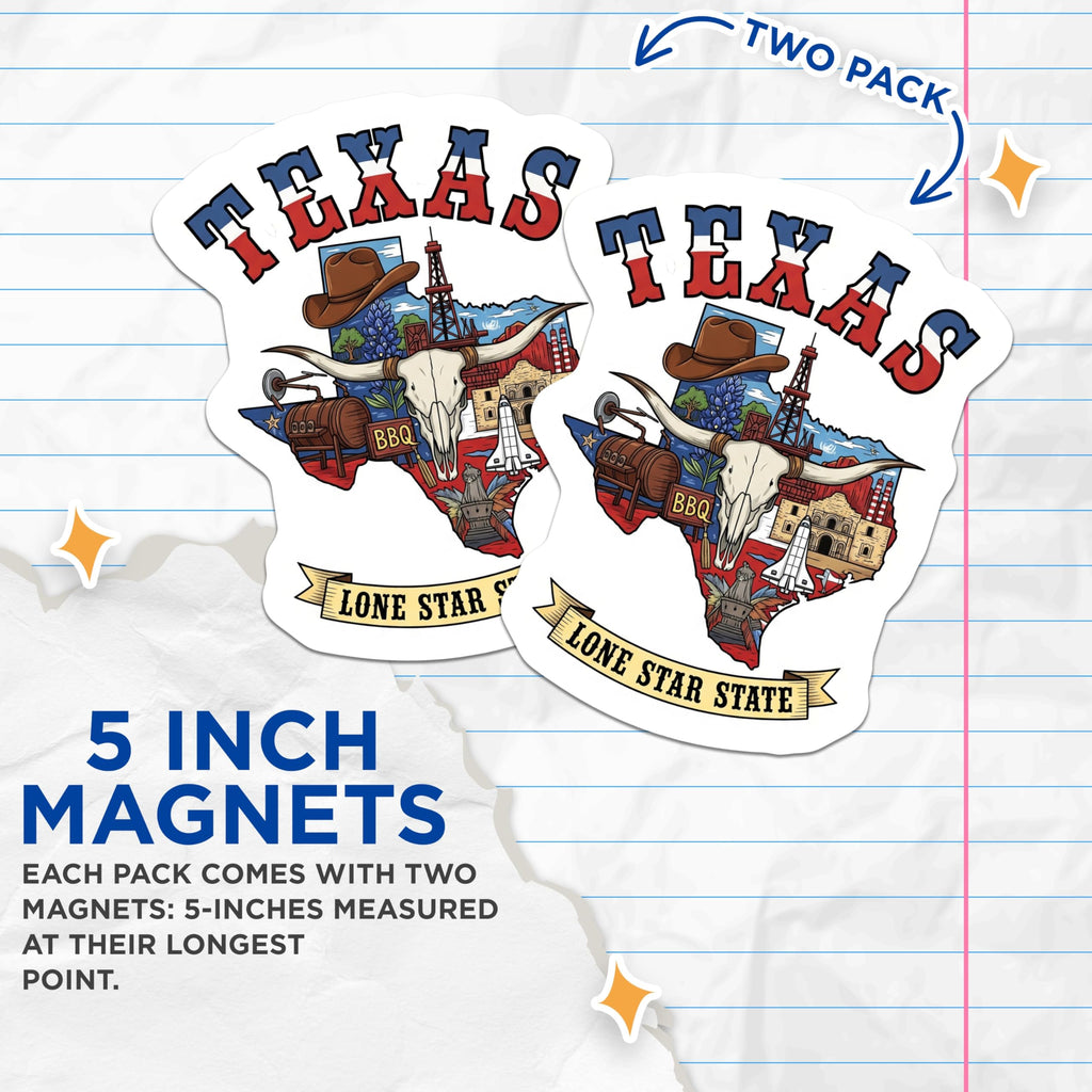 (2 Pack) Texas Magnets - Lone Star State Map Art - Cowboy Longhorn Alamo Shuttle BBQ - 5 Inches On Longest Side - Thick Durable Magnet - Made in USA - MAG19159