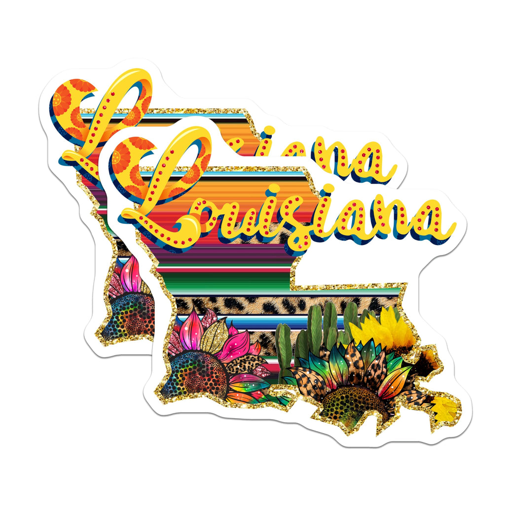 (2 Pack) Louisiana Magnets - Serape Sunflowers - Leopard Print State Map - 5 Inches On Longest Side - Thick Durable Magnet - Made in USA - MAG19473